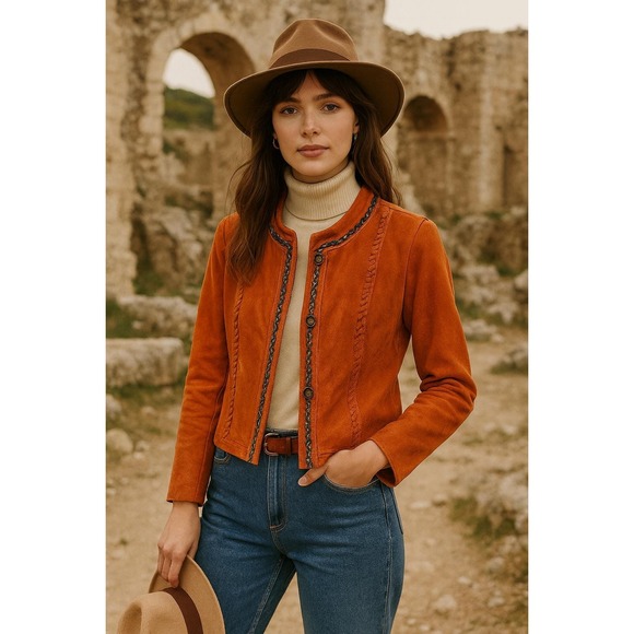 Vintage Hal Rubenstein Orange Suede Leather Jacket – Size M – Chain Trim Western - Picture 1 of 10